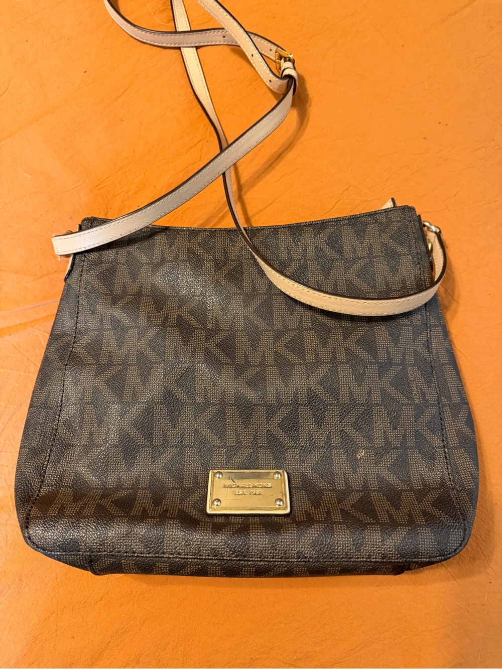 Michael Kors Brown Signature Crossbody with Cream Strap